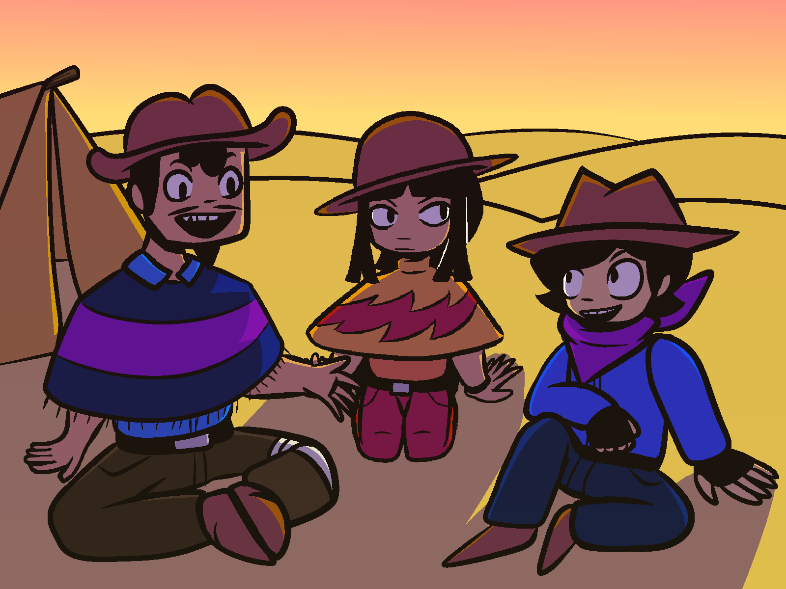 Concept art of the main trio in Morado Town, a scrapped project.